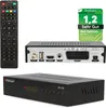 A product shot of a satellite receiver and its remote control, with a certification badge. Produktbild-Vorschau