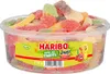 A clear, well-lit studio shot of a large, clear plastic tub filled with assorted Haribo sour gummy candies. Podgląd zdjęcia produktu
