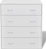 A front view of a white dresser with four drawers and silver handles. Produktbild-Vorschau