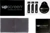 A collage of marketing materials for a screen protector product, including packaging, cleaning cloths, and application guides. Produktbild-Vorschau