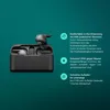 A pair of black true wireless earbuds in their charging case, with accompanying marketing text and icons. Produktbild-Vorschau