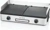 A silver and black electric grill with a ribbed and flat plate, set against a white background. Produktbild-Vorschau