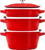 A stack of three red cast iron pots with lids, arranged vertically. Produktbild-Vorschau
