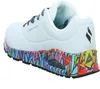 A white Skechers sneaker with a colorful, graffiti-style sole and laces. Voir les images du produit