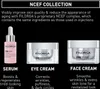 Three Filorga skincare products (serum, eye cream, face cream) are displayed against a black background, with descriptive text below each product. Voir les images du produit