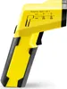 A yellow and black infrared thermometer is shown against a white background. The device has markings indicating distance and spot size. Produktbild-Vorschau