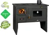 A black wood-burning stove with a glass oven door and a stovetop, displayed on a white background with marketing badges. Náhľad obrázku produktu