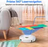 A white robot vacuum cleaner is shown on a wooden floor, with laser navigation beams projecting from it. Colorful zones are depicted on the floor. A sofa with a blanket is in the background. Produktbild-Vorschau