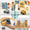 A collage of four images showing different parts of a wooden train set, including a police station, a school bus, a bridge, and a train station. Podgląd zdjęcia produktu