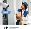 A delivery person looks up at a security camera that displays a 'HELLO!' speech bubble. Produktbild-Vorschau
