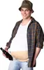 A man wearing a bucket hat, plaid shirt, and jeans, holding a beer bottle, with a fake pregnant belly. Produktbild-Vorschau