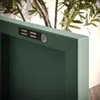 A close-up view of the top edge of a green cabinet, showing a magnetic closure mechanism and a small circular button. A plant with green leaves and brown branches is visible in the background. Voir les images du produit