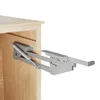 A close-up of a metallic pull-out shelf mechanism attached to a wooden cabinet. Podgląd zdjęcia produktu