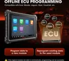 A diagnostic tablet is shown with various car brand logos and an ECU graphic, illustrating offline ECU programming. Produktbild-Vorschau