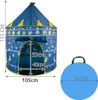 A blue children's play tent with stars and moons, shown with dimensions and a folded version of the tent. Produktbild-Vorschau