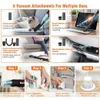 Collage showing a vacuum cleaner and its attachments, with images demonstrating its use and cleaning instructions. Produktbild-Vorschau
