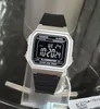 A close-up of a Casio digital watch with a black strap and silver casing, displayed on a stand. Anteprima dell’immagine prodotto