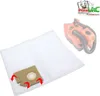 A white vacuum cleaner dust bag is shown in the foreground, with red arrows indicating how to attach it. A blurred image of an orange vacuum cleaner is in the background, along with a logo and text. Produktbild-Vorschau