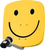 A yellow satellite dish shaped like a smiley face with a satellite receiver attached. Produktbild-Vorschau