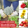 A person gardening in a raised bed, with inset images of radishes, sunflowers, and strawberries. Produktbild-Vorschau