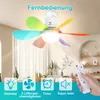 A colorful ceiling fan with a light is shown in a room, with a remote control in a hand and icons indicating features. Náhled obrázku produktu