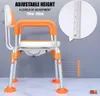 A shower chair with adjustable height features is shown against a gray and white background. Podgląd zdjęcia produktu