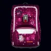 A pink backpack with unicorn and star motifs, illuminated by reflective elements. Voir les images du produit
