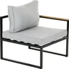 A single outdoor lounge chair with light gray cushions and a black metal frame with a wooden armrest. Produktbild-Vorschau
