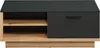 A front view of a modern coffee table with a dark top and a wood-grain base, featuring an open shelving section and a closed drawer. Voir les images du produit