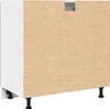 The back and side view of a cabinet with visible particle board and white paneling, supported by black legs. Produktbild-Vorschau