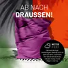 A purple beanbag chair is shown in an outdoor setting with a split background of gray and orange. There is text overlay promoting the product. Anteprima dell’immagine prodotto