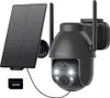 A black solar-powered security camera with a solar panel and a 32GB SD card. Produktbild-Vorschau