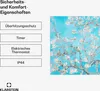 A marketing image showing features of a product with a painting in the background. Produktbild-Vorschau