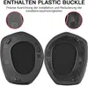 Close-up view of two black ear pads for headphones, with inset images showing plastic buckles labeled 'L' and 'R'. Produktbild-Vorschau