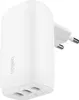 A white Belkin BoostCharge power adapter with three USB-C ports on the bottom and European-style plug prongs on the side. Produktbild-Vorschau