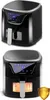Two images of a black and silver air fryer are shown, one above the other. The bottom image shows the air fryer with food inside and a golden shield overlay. Náhled obrázku produktu