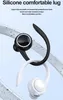Two wireless earbuds, one black and one white, are shown hanging and intertwined against a light blue and gray background. Podgląd zdjęcia produktu