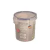 A clear, studio shot of a round, clear plastic food storage container with a blue lid and white clasps, against a white background. Produktbild-Vorschau