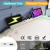 A close-up view of a bed headboard with integrated charging ports and LED lighting, showcasing a phone and tablet charging. Náhled obrázku produktu