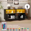 A black sideboard with yellow LED lighting inside, displayed with decorative items and books. A remote control is shown in the foreground, along with text describing the features. Produktbild-Vorschau