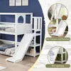 A white bunk bed with a slide and shelves, shown in a room with a blue wall and in close-up detail shots. Anteprima dell’immagine prodotto