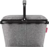 A close-up studio shot of a gray shopping basket with a black frame and handle. Produktbild-Vorschau