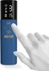 A hand is shown pressing a button on a blue electric breast pump. Podgląd zdjęcia produktu