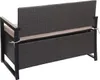 Rear view of a poly-rattan two-seater bench with a storage compartment and beige cushion. Voir les images du produit