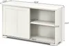 A white sideboard with sliding doors and open shelving, with dimensions indicated by text overlays. Produktbild-Vorschau
