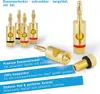 A product shot of gold-plated banana connectors with descriptive text overlays. Produktbild-Vorschau
