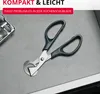 A pair of specialized scissors for cutting quail eggs is shown on a gray surface, with text overlays. Produktbild-Vorschau