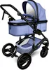 A blue and black baby stroller is shown from a front-side angle against a white background. Produktbild-Vorschau