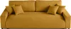 A yellow sofa with throw pillows.