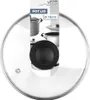 A clear glass pot lid with a black handle and a silver rim, displayed on a white background with packaging information. Podgląd zdjęcia produktu